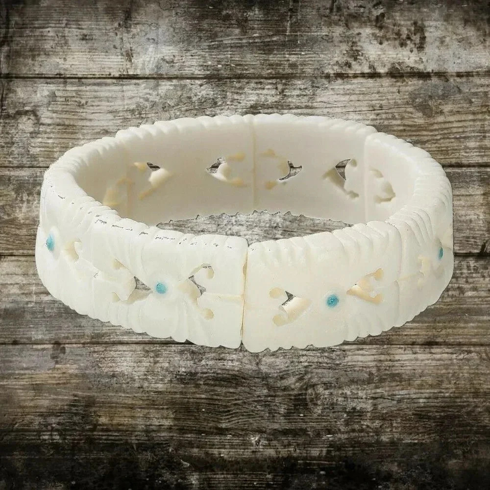 Tribal Carved Buffalo Bone India Beads Chunky Stretch Bangle Bracelet